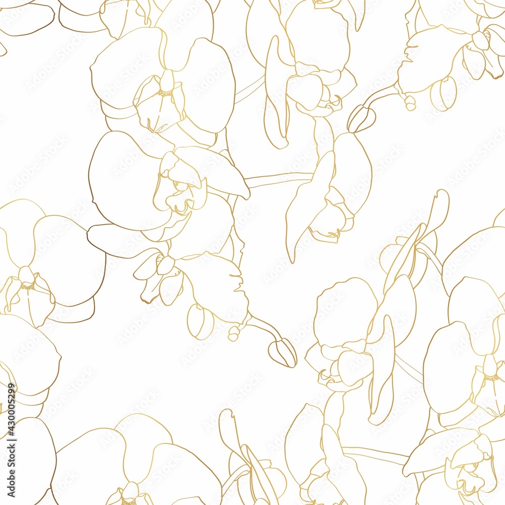 Luxury gold floral line art wallpaper. Orchid flower golden line design for textiles, wall art, fabric, wedding invitation, cover design. White background. Luxury gold floral line art wallpaper. Orchid flower golden line design for textiles, wall art, fabric, wedding invitation, cover design. White background.