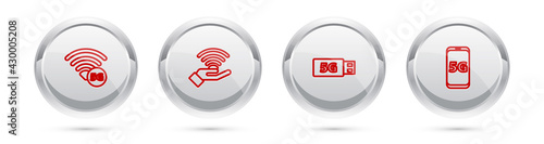 Set line 5G network, , modem and Mobile with. Silver circle button. Vector