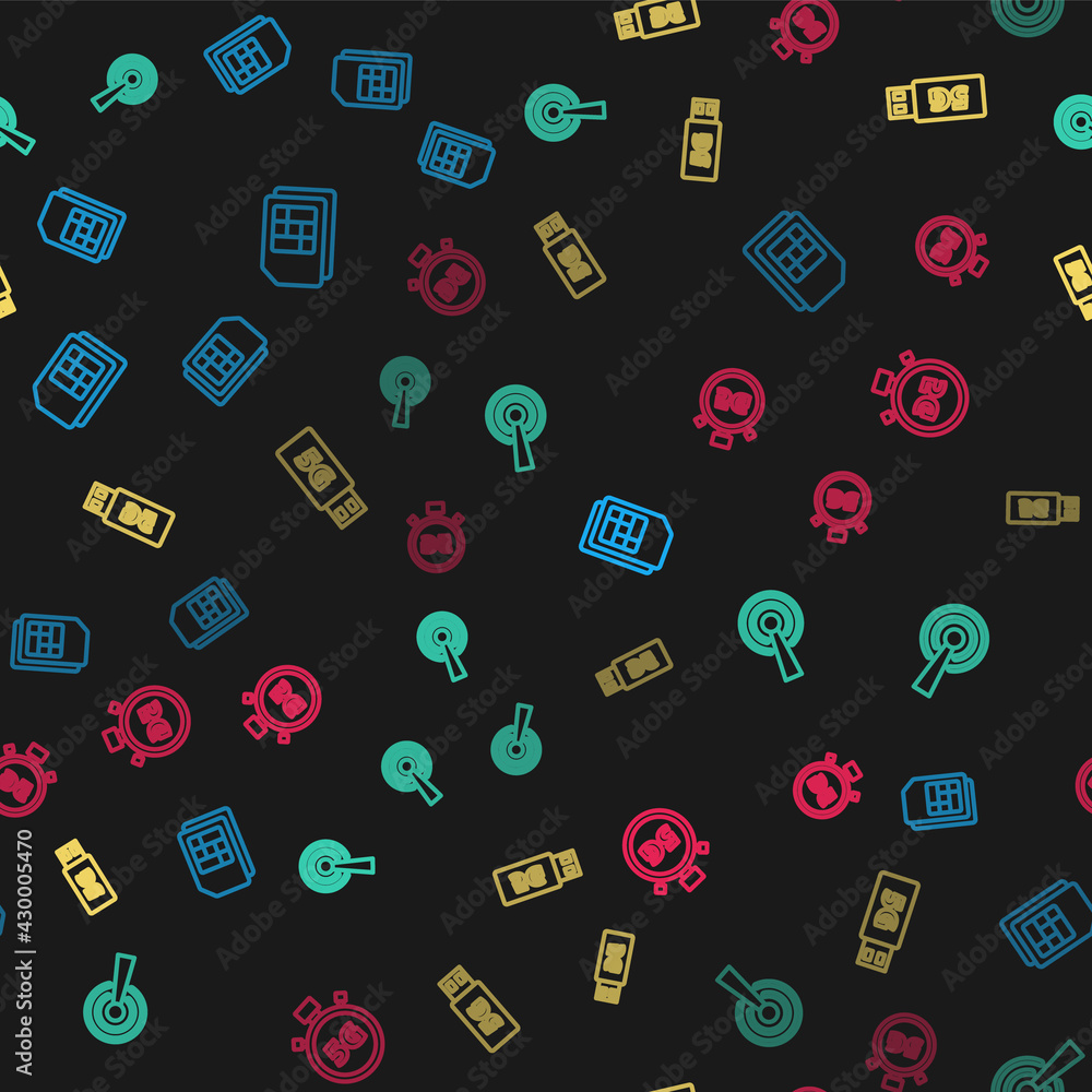 Set line Sim card, Antenna, 5G modem and Digital speed meter on seamless pattern. Vector Set line Sim card, Antenna, 5G modem and Digital speed meter on seamless pattern. Vector