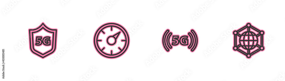 Set line Protective shield 5G, network, Digital speed meter and Social icon. Vector Set line Protective shield 5G, network, Digital speed meter and Social icon. Vector