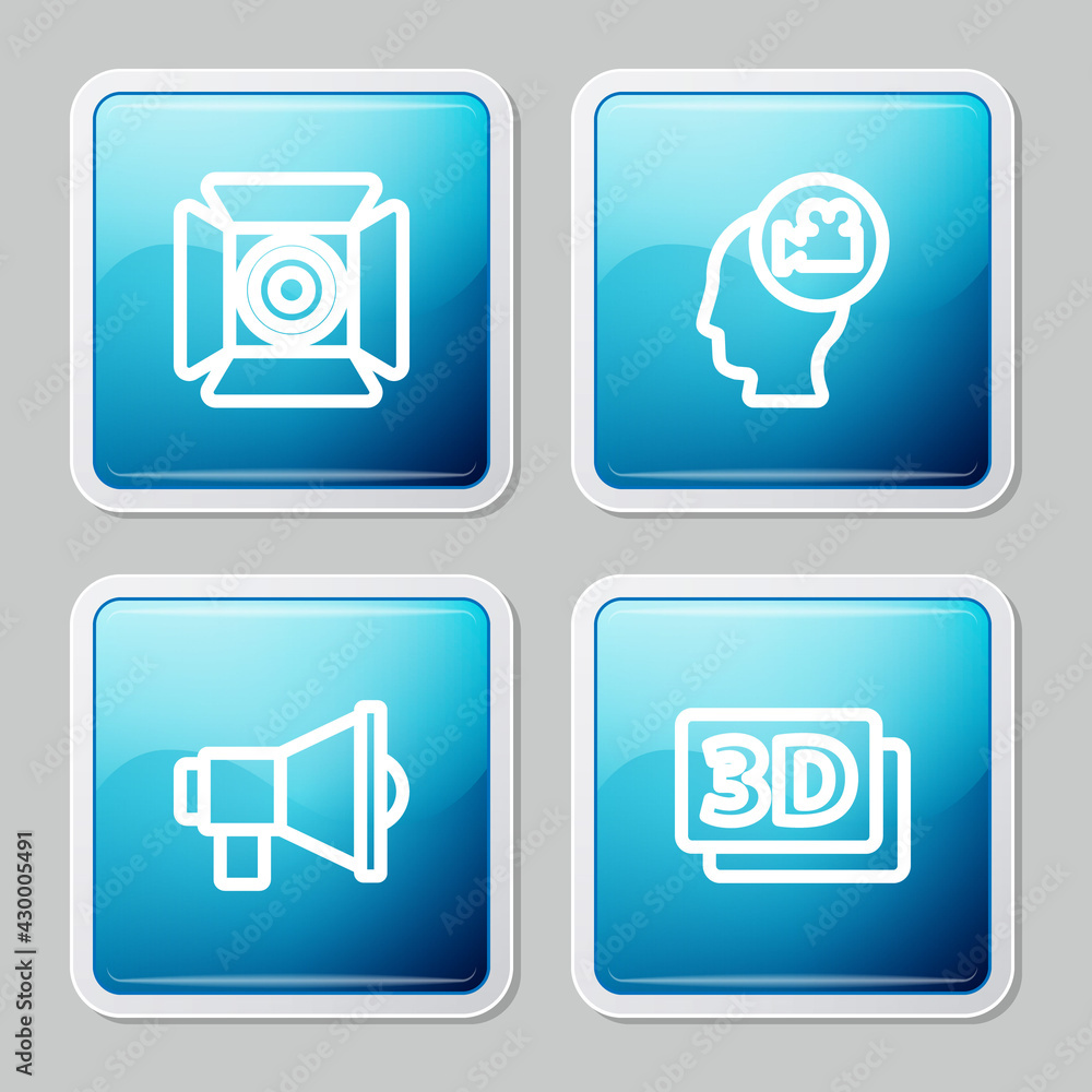 Set line Movie spotlight, Head with camera, Megaphone and 3D word icon. Vector