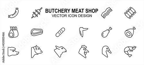 Simple Set of butchery meat shop Related Vector icon user interface graphic design. Contains such Icons as sausage, satay, bacon, ribs, beef, drumstick, chicken, lamb, duck, shrimp and more