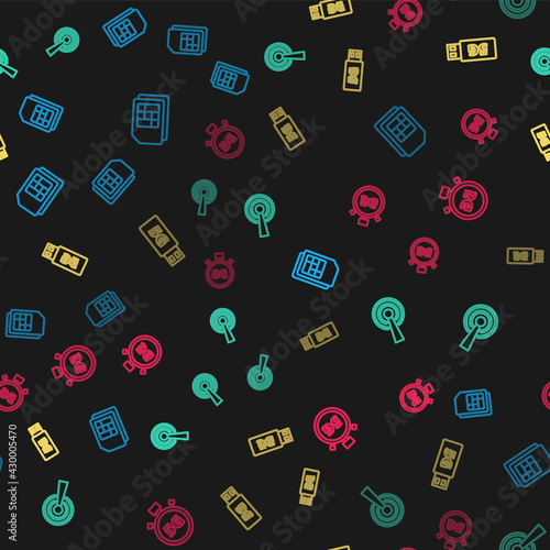 Set line Sim card, Antenna, 5G modem and Digital speed meter on seamless pattern. Vector