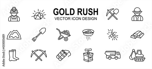 Simple Set of gold rush mining Related Vector icon user interface graphic design. Contains such Icons as gold nugget, spade, worker, job, mountain, wheelbarrow, pan, panning, dynamite, truck, boots