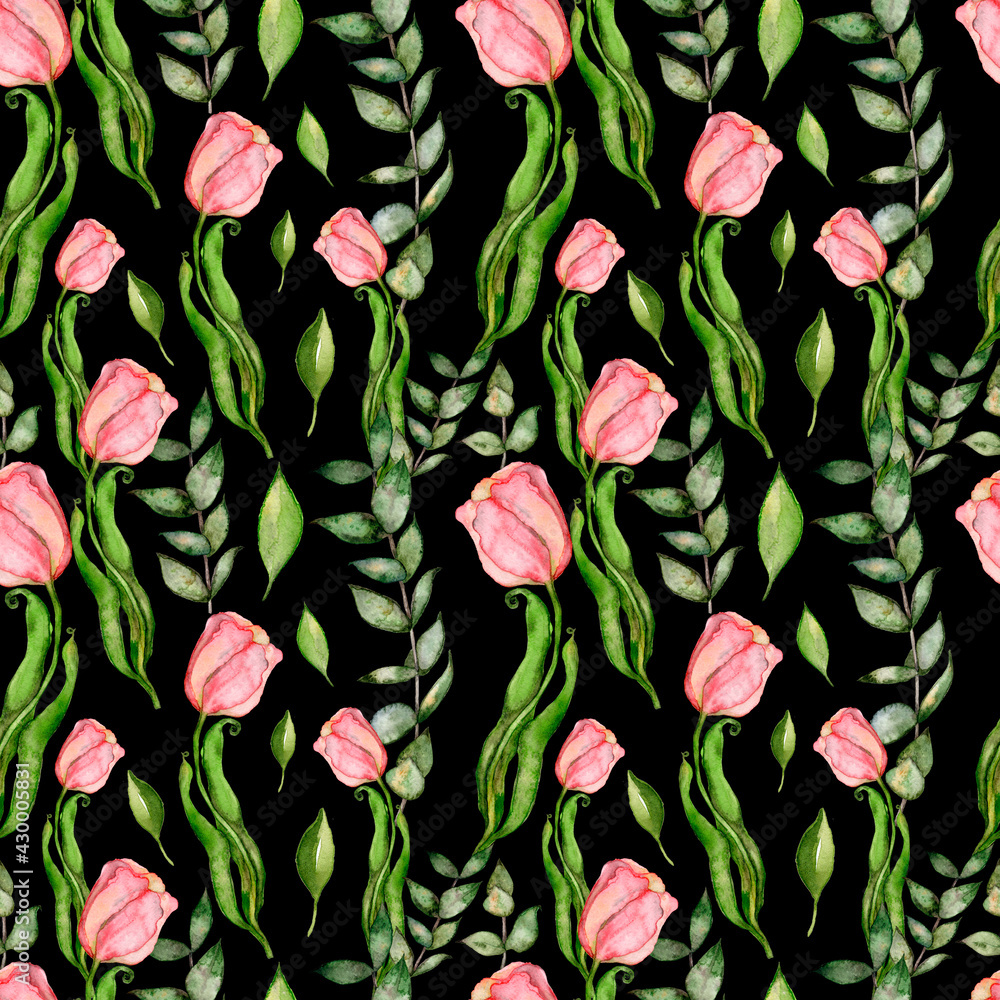 Watercolor vintage floral seamless pattern. Hand painted repeating texture with bouquets of flowers on white background: tulip pink, eucalyptus, leaves and branches. Spring design