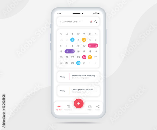 Calendar app light mode concept, Mobile activity calendar template UI UX, Smartphone calendar schedule agenda annual planning meeting application, Calendar events, Appointment, Event app, Vector phone