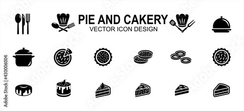 Simple Set of pie and cakery Related Vector icon user interface graphic design. Contains such Icons as pie, sliced cake, pudding, dessert, chef hat, spoon, fork, knife,