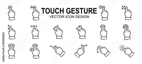 Simple Set of finger touch gesture Related Vector icon user interface graphic design. Contains such Icons as touch, gesture, navigation, touchscreen, finger tip, pinch, control, press, slide, tap,