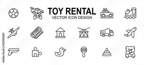 Simple Set of toy rental service Related Vector icon user interface graphic design. Contains such Icons as ball, remote control car, buggy, aeroplane, helicopter, gun, puzzle, duck, truck, drum