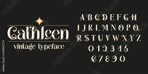 Vintage decorative font - Cathleen. Retro typerface. Elegance serif alphabet. Vector font for label, branding, tags, t-shirt, alcohol bottle.