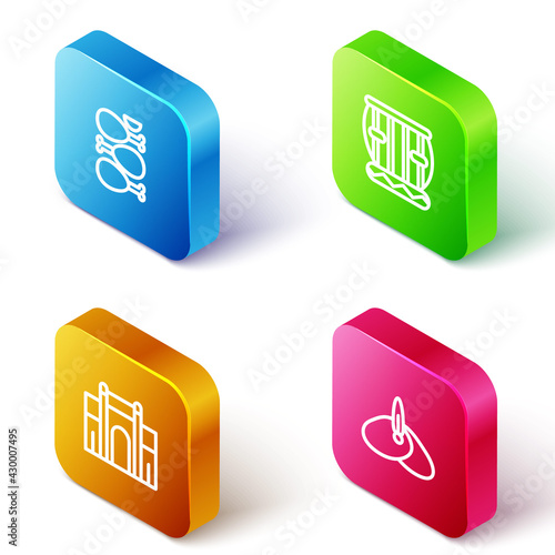 Set Isometric line Tandoori chicken, Instrument tabla, India Gate in Delhi and Indian headgear turban icon. Vector