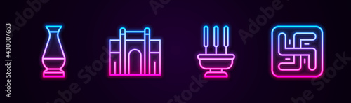 Set line Indian vase, Gate in Delhi, Incense sticks and Hindu swastika. Glowing neon icon. Vector