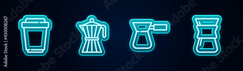 Set line Coffee cup to go, moca pot, turk and Pour over coffee maker. Glowing neon icon. Vector