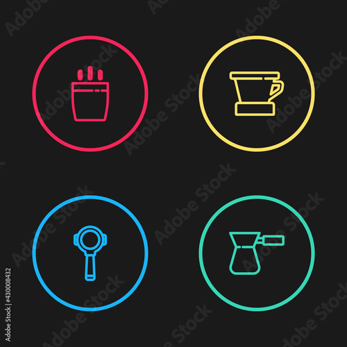 Set line Coffee filter holder, turk, V60 coffee maker and cup icon. Vector