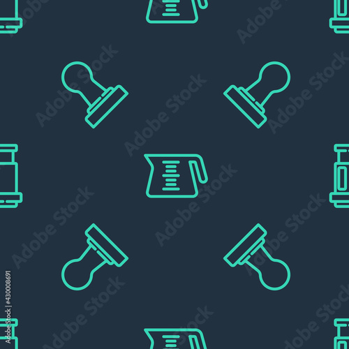 Set line Coffee pot, tamper and Aeropress coffee on seamless pattern. Vector