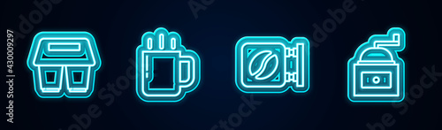 Set line Coffee cup to go, , Street signboard coffee and Manual grinder. Glowing neon icon. Vector