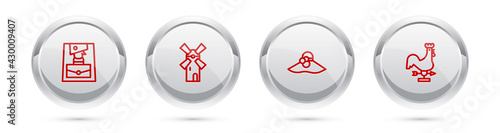 Set line Handbag, Windmill, Elegant women hat and Rooster weather vane. Silver circle button. Vector