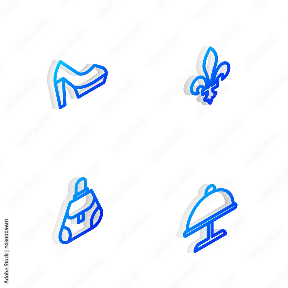 Set Isometric line Fleur De Lys, Woman shoe, Handbag and Covered with tray icon. Vector Set Isometric line Fleur De Lys, Woman shoe, Handbag and Covered with tray icon. Vector