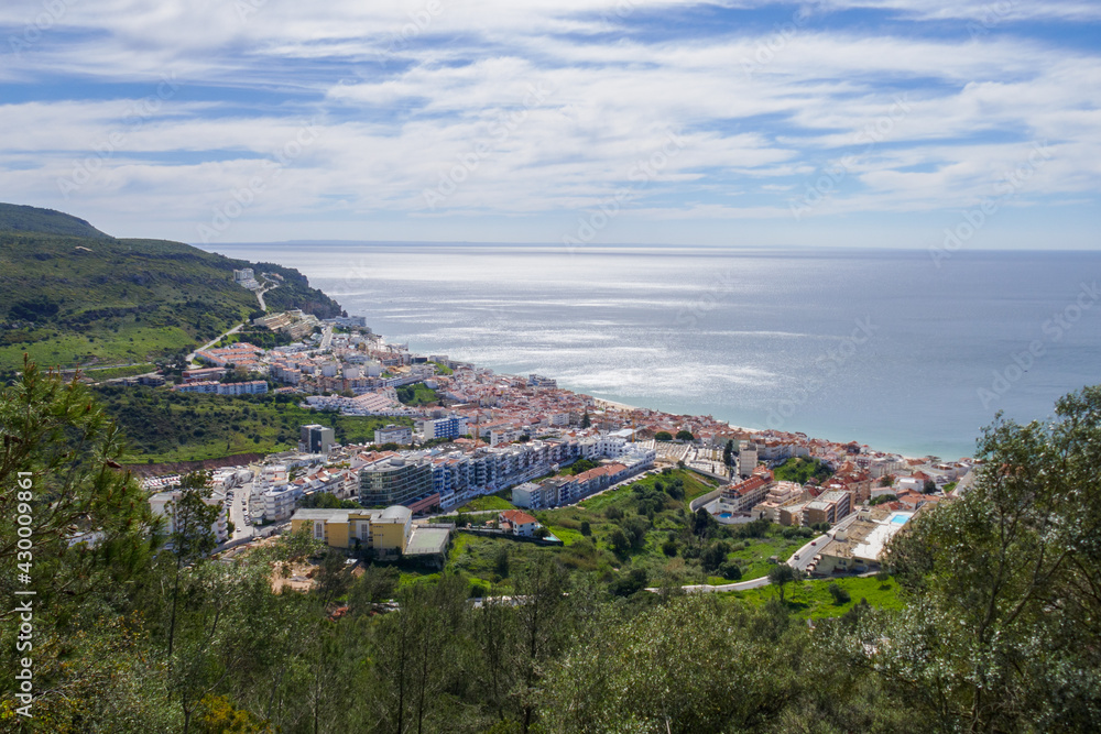 Portugal touristic town Sesimbra seen from the castle above. Aerial view