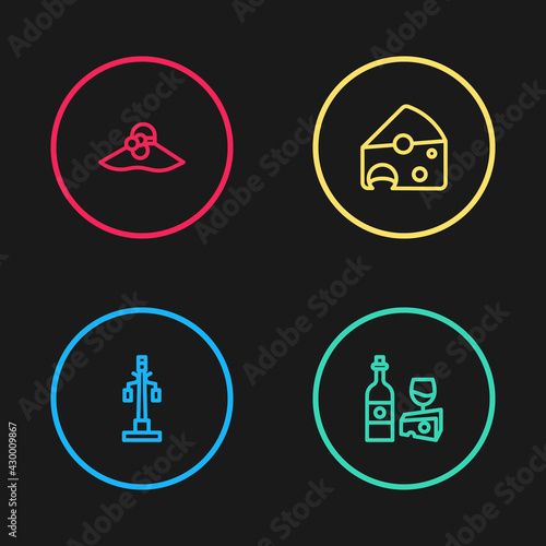 Set line Street light, Wine bottle with cheese, Cheese and Elegant women hat icon. Vector