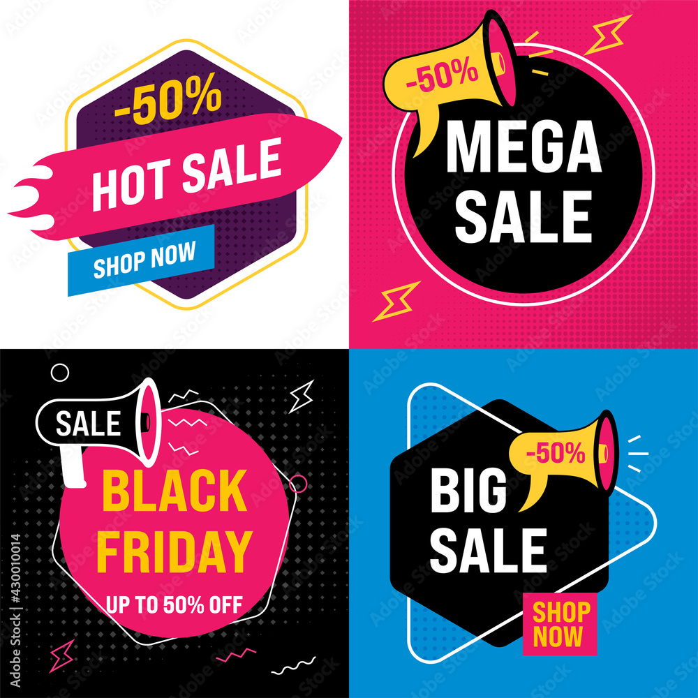 Set of Sale banners template. Bright sale website stickers. Discount abstract promotion layout poster. Vector illustration