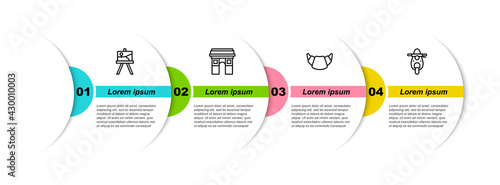 Set line Easel or painting art boards, Triumphal Arch, Croissant and Scooter. Business infographic template. Vector