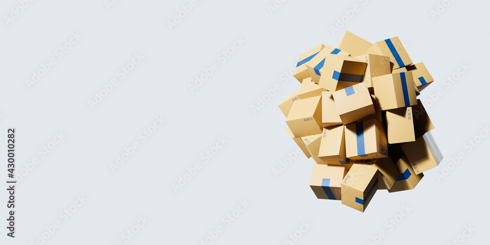 3D render of a globe made of cardboard boxes for internet and online shopping isolated on white background with copy space, conceptualization of logistic, delivery and e-commerce