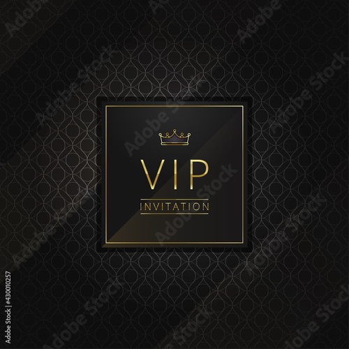 VIP invitation premium invitation card. Badge with golden frame and crown on a black pattern background. Luxury premium design. Vector illustration