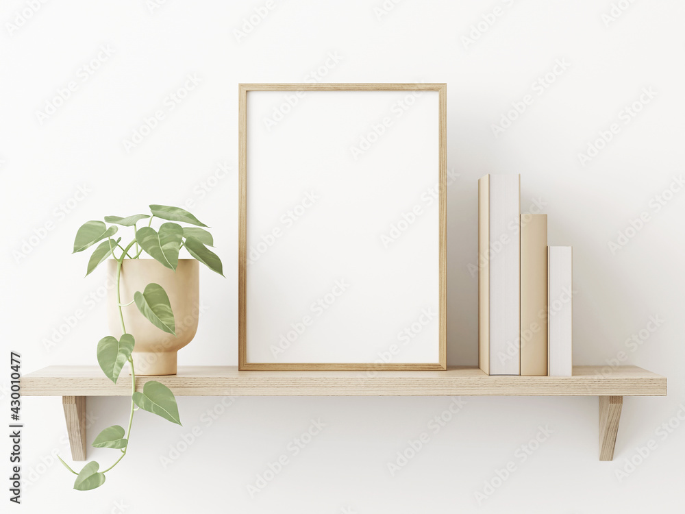 Small vertical wooden frame mockup in scandi style interior with ...