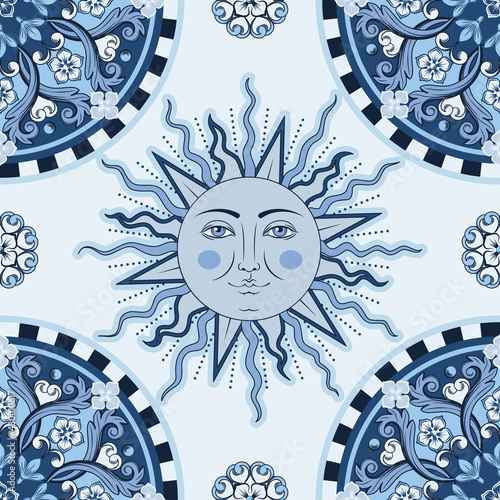 Ethnic round ornamental mandala, sun with human face symbol on checkered pattern. Vector illustration