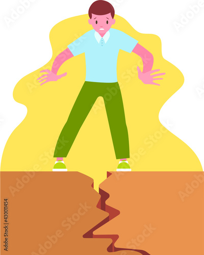 The guy is standing on the ground and is scared because of the earthquake vector illustration
