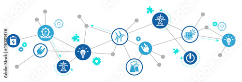 electricity / energy vector illustration. Concept with connected icons related to energy transmission, alternative or renewable energy and electric power infrastructure.