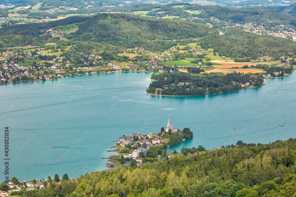 Aerial view to Worthersee lake in Austria, summertime travel destination