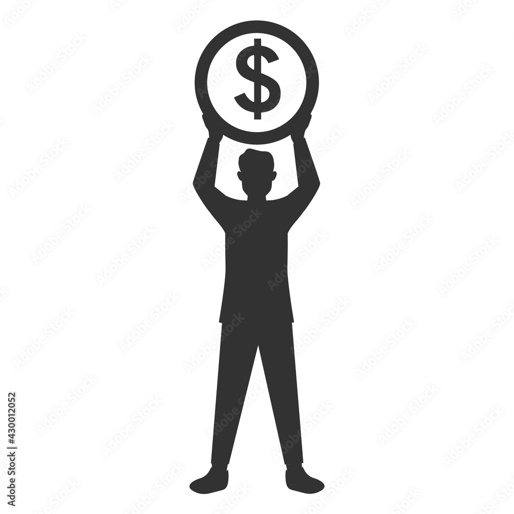 Black silhouette businessman holding a coin dollar sign.Isolated on white background.Man lifting coin of their wealth. Black silhouette businessman holding a coin dollar sign.Isolated on white background.Man lifting coin of their wealth.