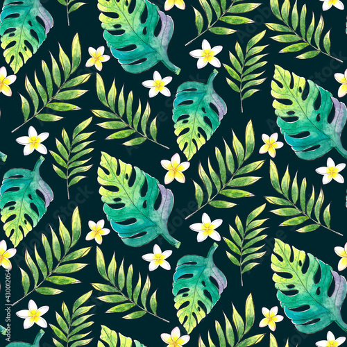 Hand drawn watercolor summer pattern with tropical leaves and flowers
