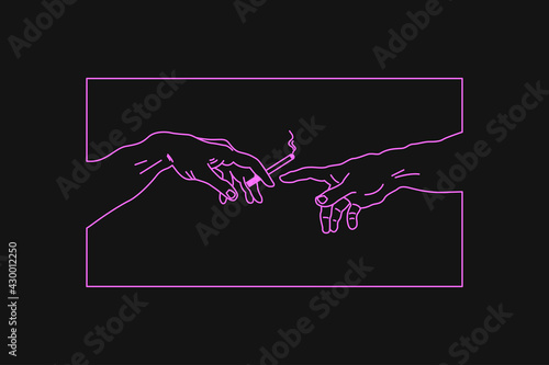 T-shirt design with pass the cigarette from hand to hand. Typography graphics print for tee shirt with cigarette and touching fingers. Vector illustration.