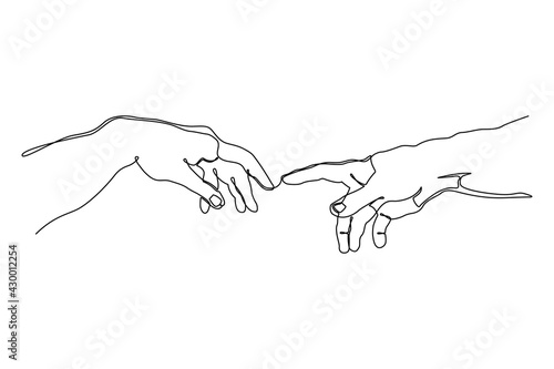 Continuous one line drawing of hands going to touch together. One line art of touching fingers. Vector illustration.