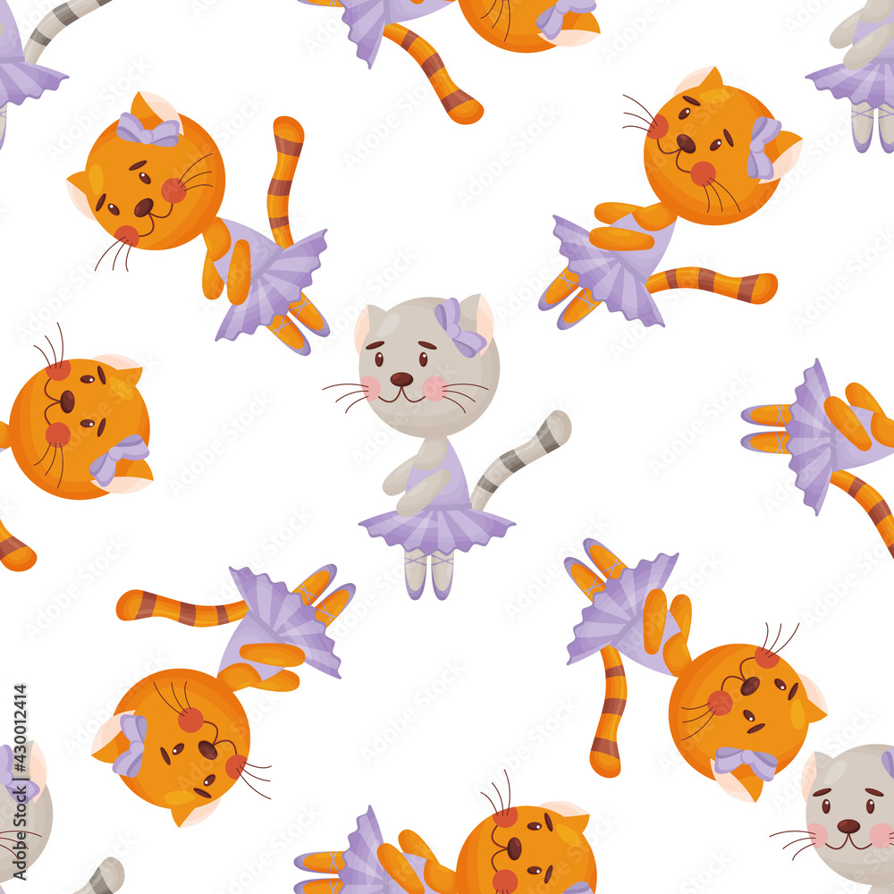 Obraz premium Vector seamless pattern in child style with a cat ballerina.