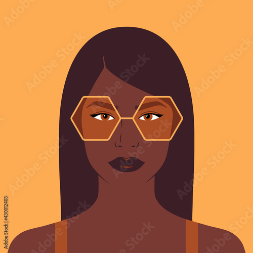 Fashionable girl in yellow sunglasses. African american woman portrait. Vector portrait of young woman wearing sunglasses. Flat illustration.