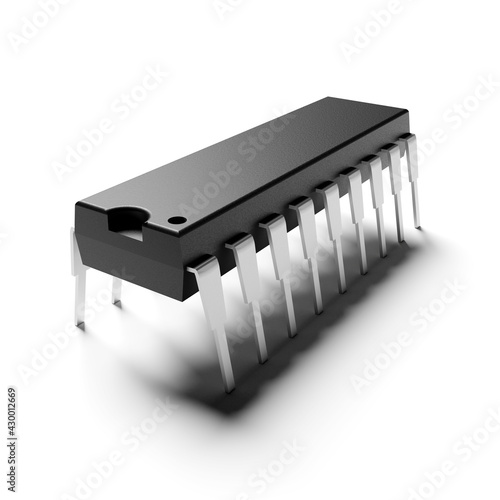 Integrated circuit chip DIP-18 isolated on white. 3D rendering.