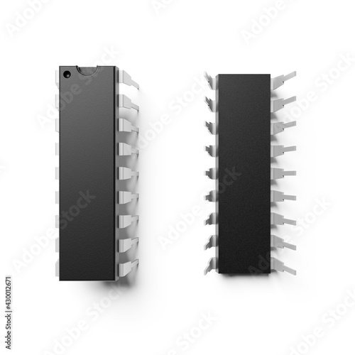 Integrated circuit chip DIP-18 isolated on white. 3D rendering.