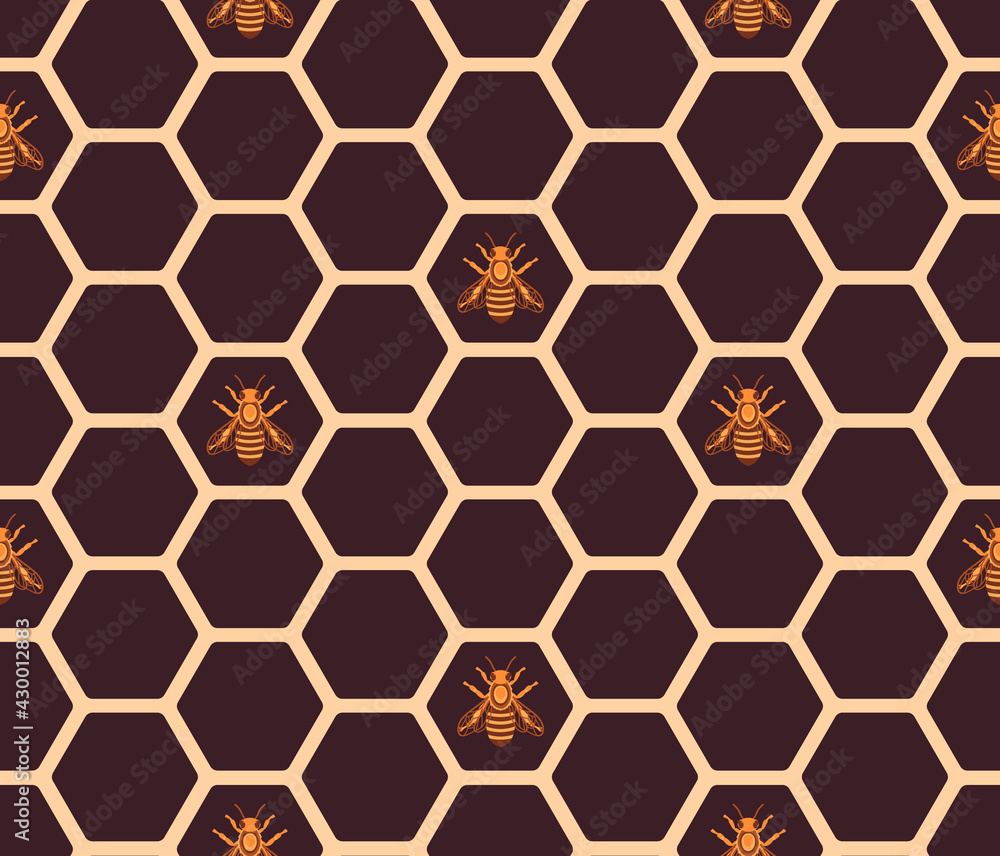 Vector pattern with hexagon grid and honey bee. Brown honeycomb with golden bees seamless pattern. Vector pattern with hexagon grid and honey bee. Brown honeycomb with golden bees seamless pattern.