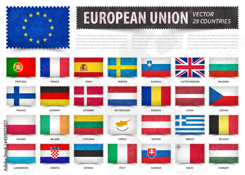 European union . EU . And membership country flag . Stamp shape with grunge paper texture . White isolated background with europe map . Element vector .
