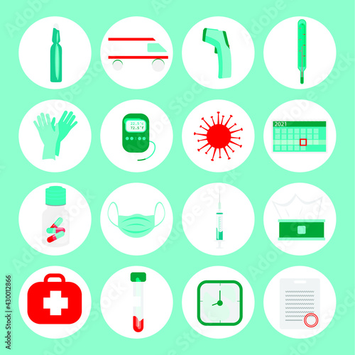 icons vaccination medecina different types of thermometers syringe coronavirus test ambulance pills first aid kit ampoules, clock and date of vaccination on clock and calendar