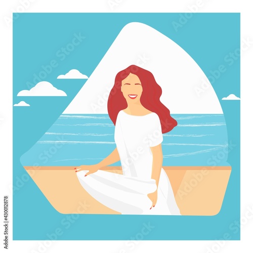 Portrait of a woman. A girl with loose hair in a white dress on the background of the sea. Summer vector illustration