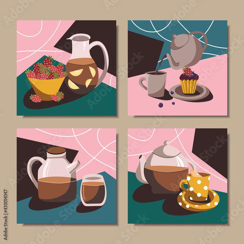 Collection of abstract posters with still life. Vector illustration.