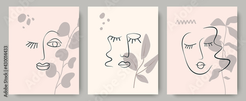 Fashionable abstract design postcards with faces, plants, hand-made details in pastel colors.Interior design,banners, brochures,postcards.