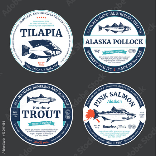 Vector fish round labels. Salmon, tuna, anchovy and cod fish illustrations