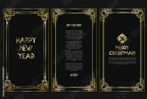 Vintage retro style invitation for New Year in Art Deco. Art deco border and frame. Creative template in style of 1920s. Vector illustration. EPS 10