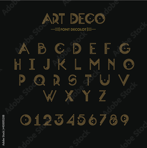 Art Deco creative font. Creative template in style of 1920s for your design. Letters, Numbers  in Vector. EPS 10